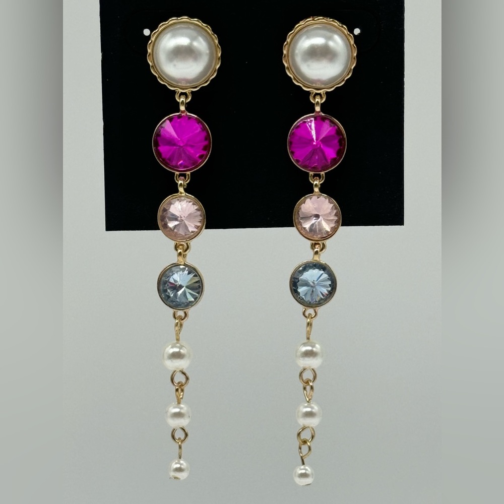 INC Drop Crystal and Faux Pearl Dangling Earrings in Gold Tone 3.5in